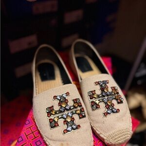 Tory Burch Tan Espadrilles with Jewel Accents
